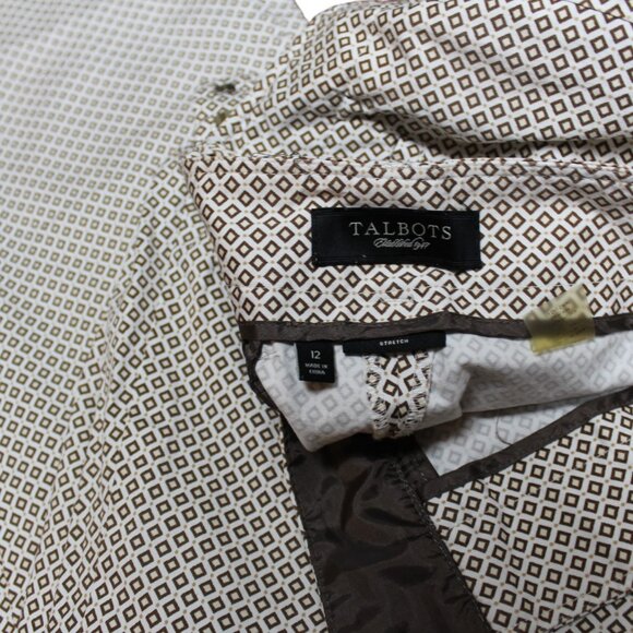 TALBOTS PANTS STRETCH cream brown tan Geometric Medallion Pants Pleated Ankle 12 - Picture 2 of 5